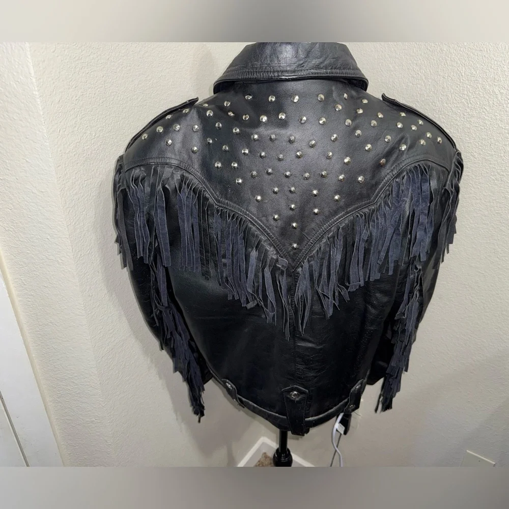 Vintage AMI London Fringe‎ Leather Jacket Studded Western Cowgirl Biker Rocker-L